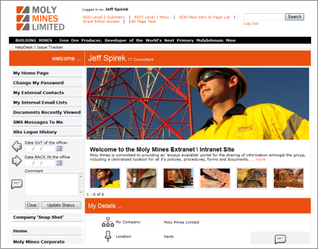 Moly Mines Intranet - Individual User Home Page