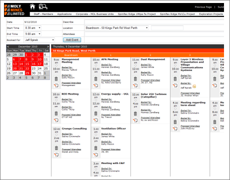 Moly Mines Intranet - Room Booking Calendar with Outlook Integration